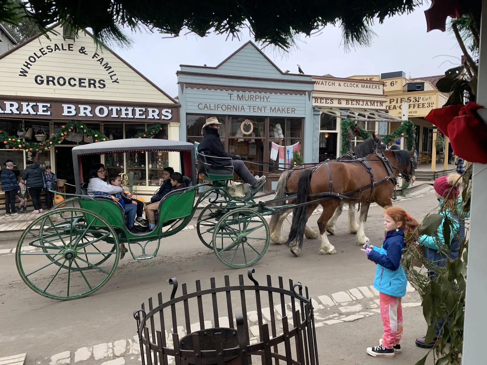 Green horse-drawn buggy outside the Clarke Brothers grocers on Main Street